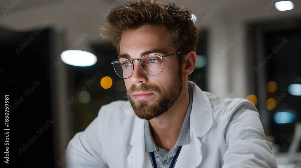 Obraz premium Focused scientist wearing glasses working late on a computer in a laboratory at dawn