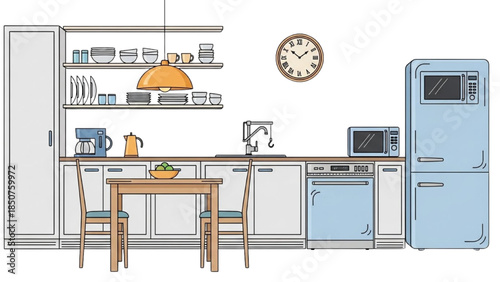 Illustration of a modern kitchen interior with a dining table, appliances, and kitchenware from a straight-on viewpoint.