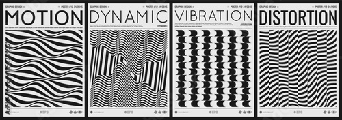 3D wavy pattern. Optical illusion. Abstract striped background. Displacement from multiple sliced lines. Black and white cover design template. Illustration for brochure, poster, flyer or poster.