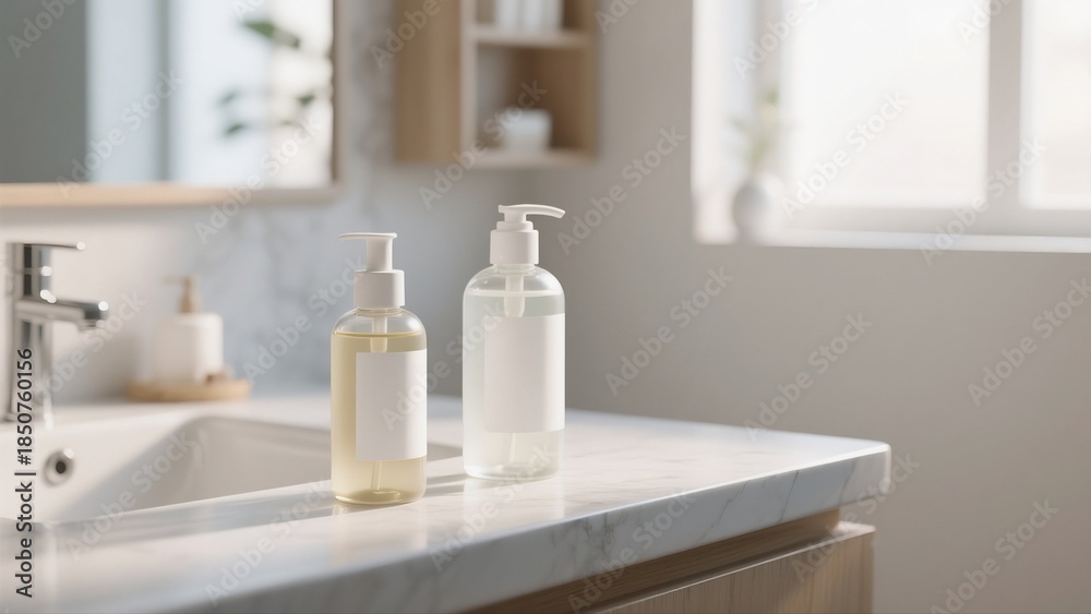 Fototapeta premium Clean and modern skincare bottle mockup displayed on a marble bathroom countertop. Transparent pump bottles with blank labels, soft natural light, minimalist interior design, ideal for cosmetic brandi