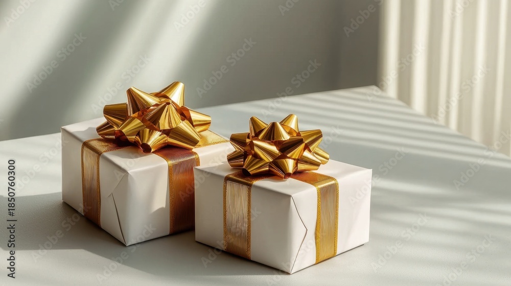 Obraz premium Elegant Wrapped Gifts with Golden Bows on a Bright Surface