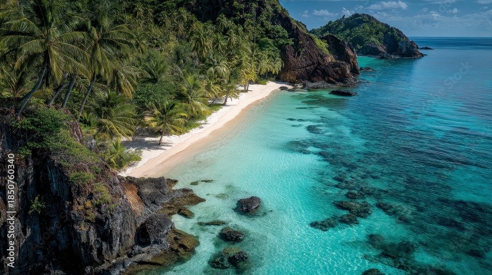 Obraz premium Stunning aerial view of a pristine beach with turquoise waters, lush green vegetation, and rocky cliffs