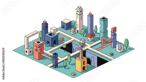 Aerial view of a futuristic cityscape with modern architecture and infrastructure