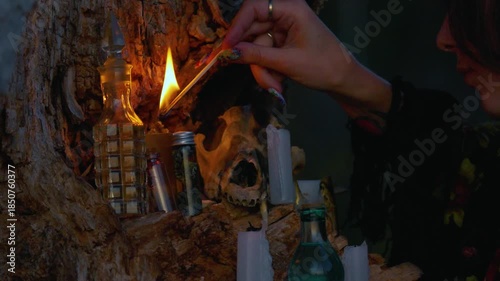 Close-up of woman lighting a candle on a ritual altar attached to a tree, surrounded by bones, bottles, and candles. Occult, witchcraft, or pagan ceremony at night. High quality 4k footage