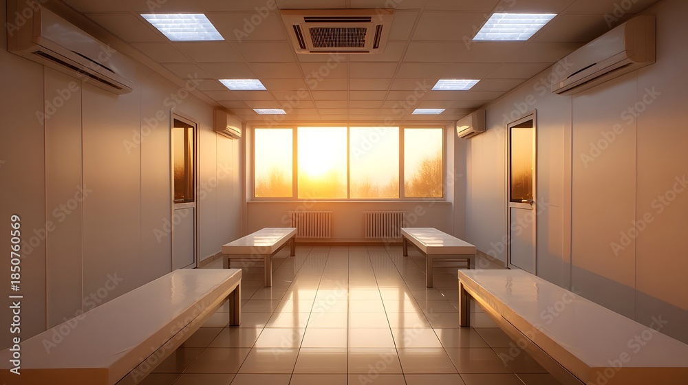Fototapeta premium A clean modern interior room with white benches bathed in warm golden hour sunlight
