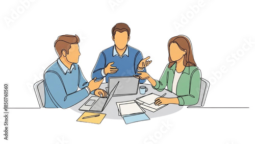 Three professionals collaborating around a table with laptops and documents in a modern office setting from a slightly elevated viewpoint