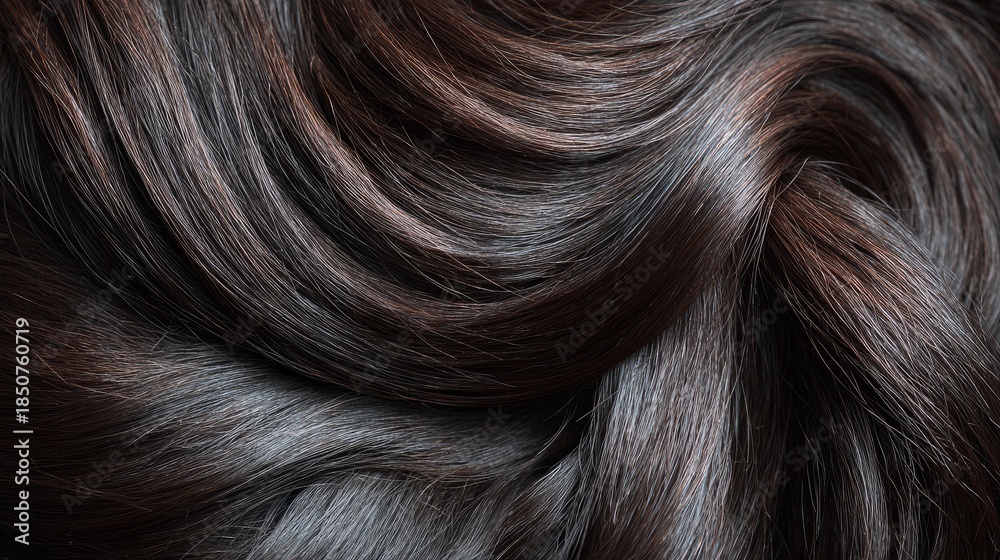 Naklejka premium Close-up of healthy, shiny dark female hair with natural texture, highlighting smooth strands, volume, and glossy shine for beauty, hair care, and hairstyling concepts