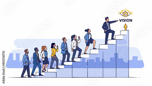 Diverse group of professionals ascending stairs towards a bright future.