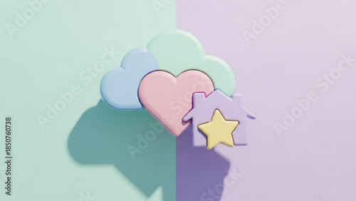 Pastel colored heart, house, star and cloud shapes on split tone background with shadows, symbolizing love, home and dreams in a whimsical setting
