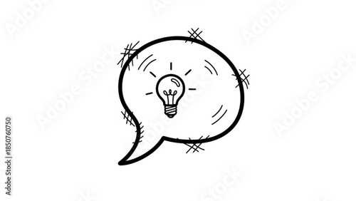 A hand drawn lightbulb in a speech bubble with a black outline and white background representing a creative idea or inspiration