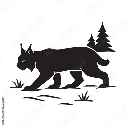 Black Silhouette of a Wild Lynx Walking in a Forest Landscape Vector Illustration