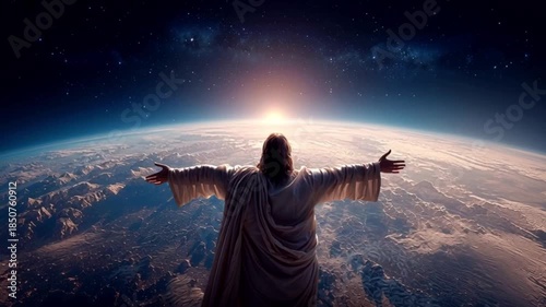 Jesus with earth in hands. Heaven opens as God comes down to earth for the final judgment. Heaven clouds