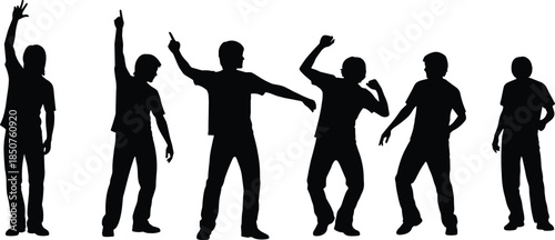 Male silhouette poses, expressive gestures, casual stance, body language, black figures, dynamic movement, pointing, dancing, standing, white background, posture study
