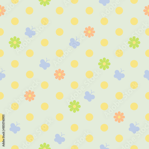 Butterfly, dot and flower seamless pattern arranged in line. Hand-drawn cartoon butterflies, circle and flora vector simple for a girl, print, paper, textiles, card.
