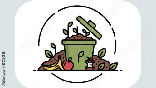 A green compost bin with fresh fruit and soil, surrounded by leaves and a shovel, perfect for gardening and eco friendly living concepts