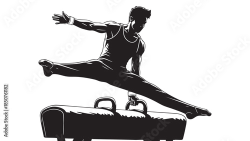 Athletic male gymnast performing split leap on pommel horse in sports training session