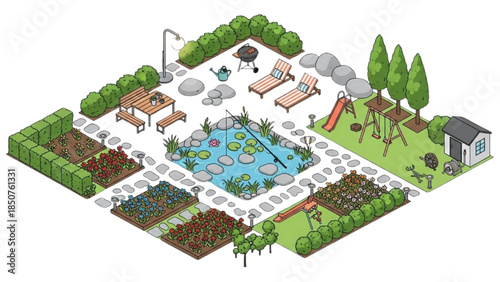 Aerial view of a vibrant community garden with diverse plots and recreational facilities
