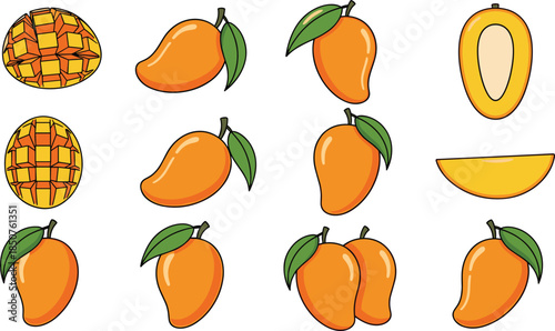Set of colorful cartoon mango icons, whole and sliced fruit with seed and cube pattern cut, vector graphic for tropical food and juice.