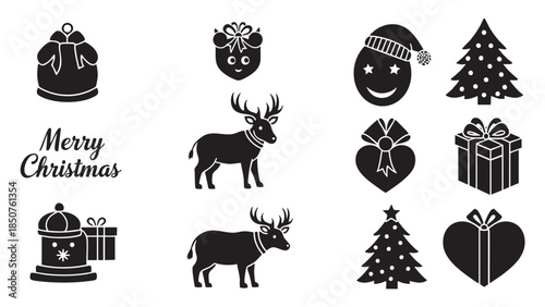 Christmas Icon Set with Gifts Reindeer Trees and Holiday Symbols