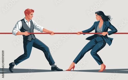 A thrilling tug of war is illustrated between a man and woman in business attire, symbolizing competition and strength, showcasing determination and focus in their expressions.