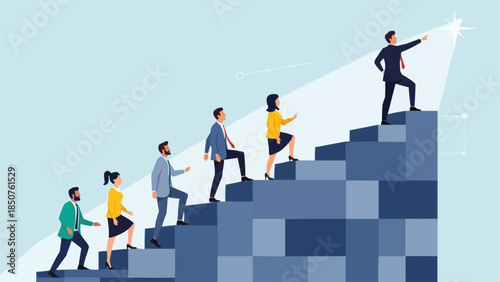 Team climbing stairs towards success and leadership.