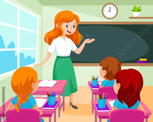 This vibrant illustration depicts an enthusiastic teacher communicating with students in a colorful classroom, reflecting the joy of learning and the importance of teacher-student connections.