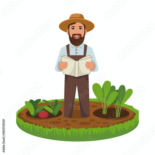 A wholesome farmer smiling while holding a book, surrounded by fresh vegetables in a vibrant garden setting, perfect for agricultural and eco-friendly themes.