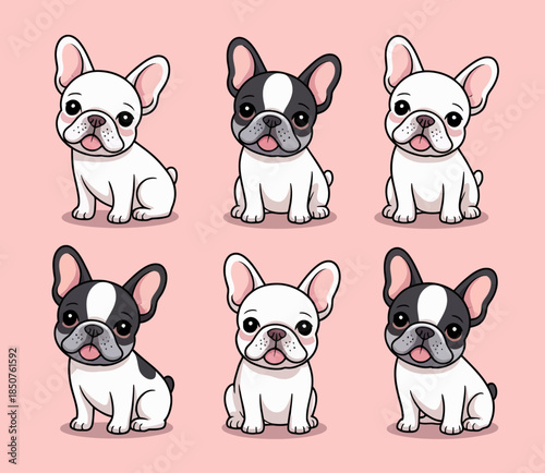 A delightful array of charming French bulldogs showcases their playful nature and adorable features against a soft pink backdrop, appealing to pet lovers everywhere.