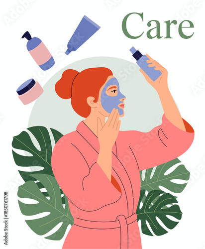 A serene illustration of a woman applying a facial mask while holding skincare products, promoting the concept of self-care and relaxation in the midst of a tranquil environment.