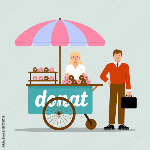 A charming donut cart showcases an array of delicious donuts, inviting passersby to indulge in sweet treats and highlighting the joy of shared culinary experiences.