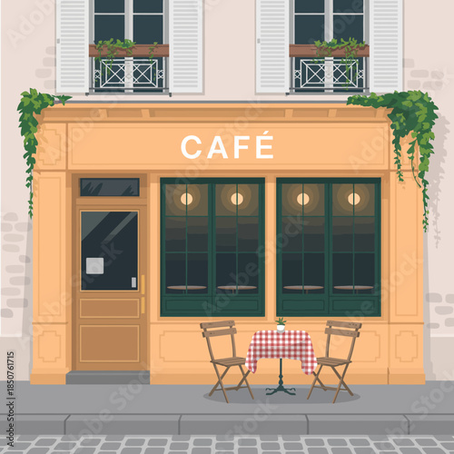 A welcoming café exterior with green windows, a small table and floral decorations invites people to enjoy cozy moments over coffee in a beautifully illustrated setting.