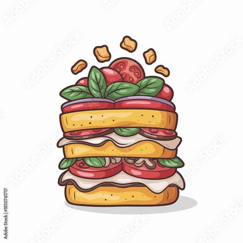 This mouthwatering image features a towering sandwich stacked with fresh ingredients, including greens and tomatoes, illustrating a vibrant and appetizing culinary creation.