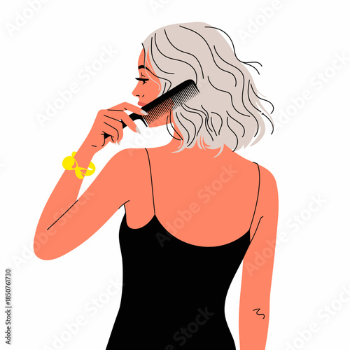 A stylish woman is depicted combing her short wavy hair, showcasing confidence and grace, embodying contemporary trends in fashion and personal care for modern beauty enthusiasts.