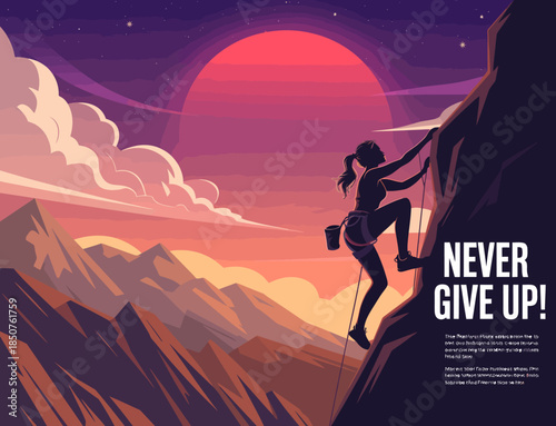 An empowering illustration depicts a climber scaling a steep rock face at sunset with a motivational text encouraging perseverance and determination in the face of challenges.