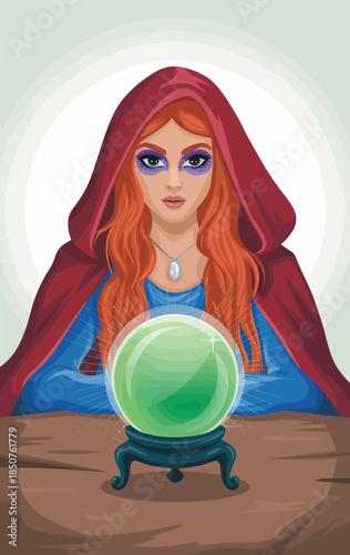 This intriguing image captures a fortune teller, adorned in a mystical robe, gazing into a crystal ball, inviting curiosity and fascination about the mysteries of the future.