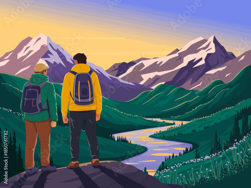 Two hikers pause to admire the breathtaking view of a winding river under a sunset sky, symbolizing adventure, companionship, and the beauty of nature's landscapes.