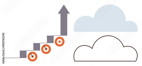 Arrow climbs staircase with targeted steps pointing skyward towards a cloud, symbolizing growth, goal achievement, and future aspirations. Ideal for progress, success, planning, growth, aspiration