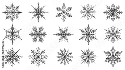 Collection of Unique Snowflake Designs Isolated on Transparent Background