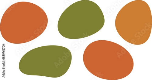 Collection of five abstract organic blob shapes in natural earth tones of orange and olive green on transparent background