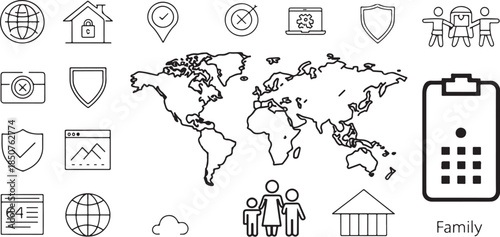 A vector illustration featuring a diverse farm animals collection and set integrated with a global world map design representing countries and continents across the planet earth