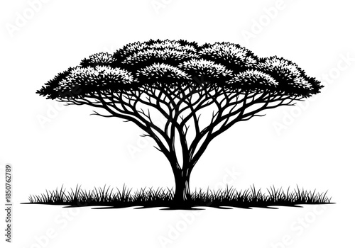 Vector illustration of a single acacia tree, African savanna theme, bold silhouette, clipart style vector