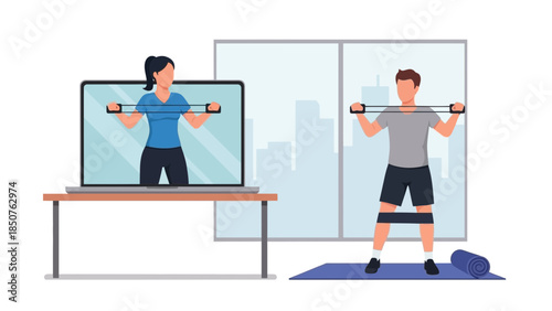 Man exercising with dumbbells in a modern home gym setting with a large screen display