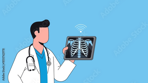 Doctor examining digital x-ray image on tablet in medical setting