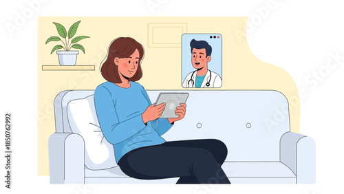 Woman having a video consultation with a doctor on a tablet while sitting on a couch in a living room