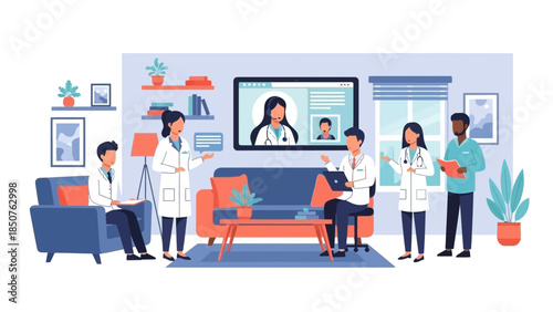Medical professionals consulting with a patient via video call in a modern living room with comfortable furniture and decor