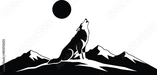 A dramatic black and white silhouette showcases a powerful wolf howling upwards towards a prominent dark moon, majestically positioned on rugged mountain peaks. Evokes wilderness, freedom, and instinc