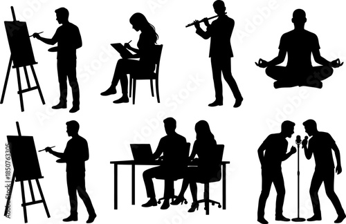 Diverse Human Hobbies and Creative Activities Silhouette Vector Collection
