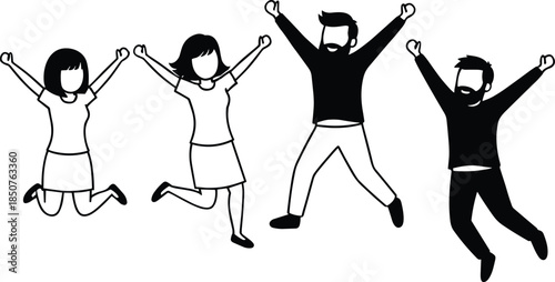 Jumping silhouette, joyful people, cartoon style, raised arms, celebration moment, black illustration, expressive gesture, unity pose, faceless figures, energetic vibe