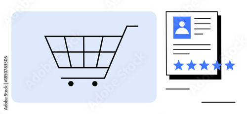 Shopping cart icon next to a customer profile with rating stars indicating online shopping, customer feedback, and product reviews. Ideal for e-commerce platforms, customer experience, digital
