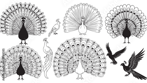 Elegant collection of peacock illustrations with detailed feathers and flying birds on a white background